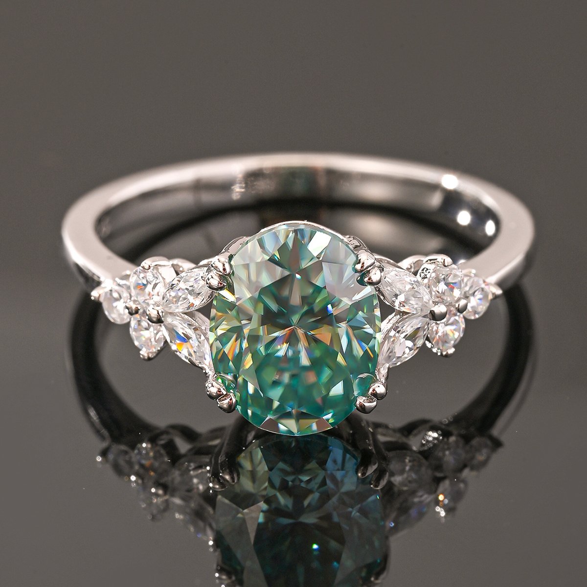 Oval Green Moissanite Floral-Cluster Ring | 2ct DEW | 925 Sterling Silver - Image 4