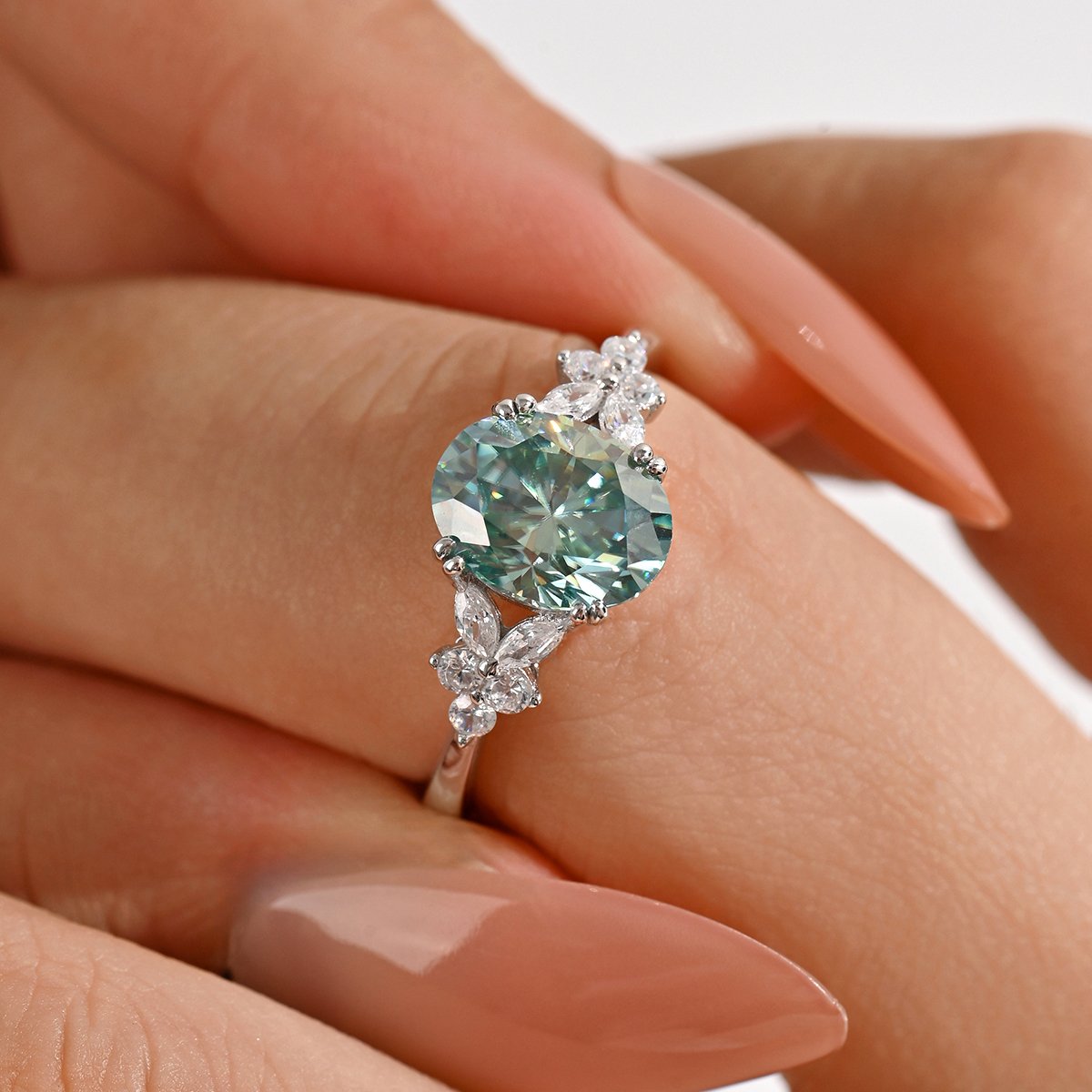 Oval Green Moissanite Floral-Cluster Ring | 2ct DEW | 925 Sterling Silver - Image 5
