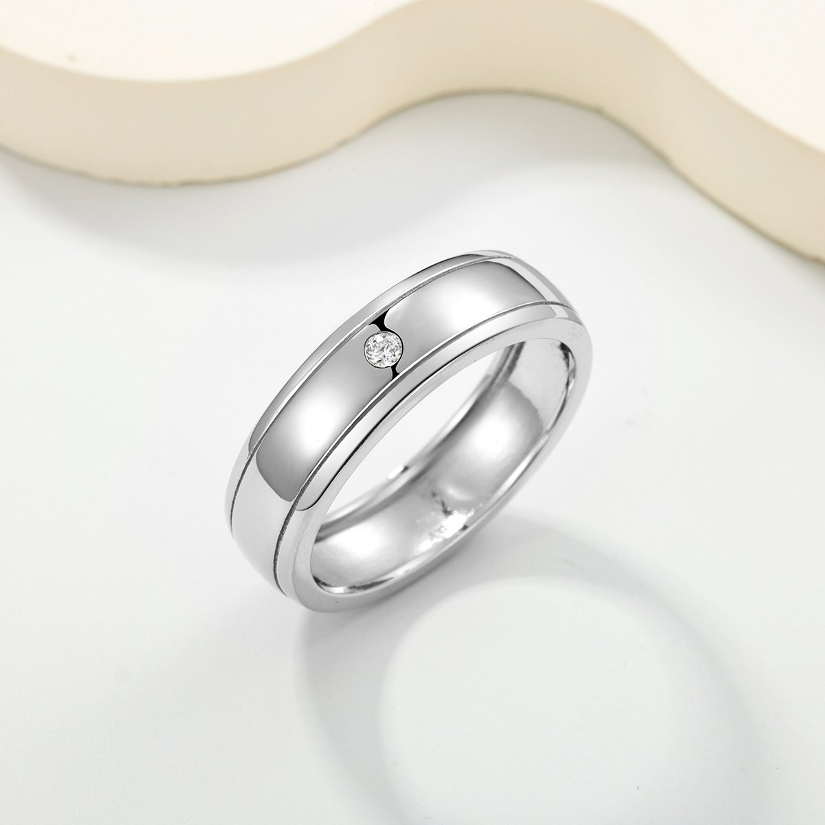 Grooved Comfort-Fit Moissanite Band Ring | 925 Silver Flush-Set Unisex Wedding Band - Image 2