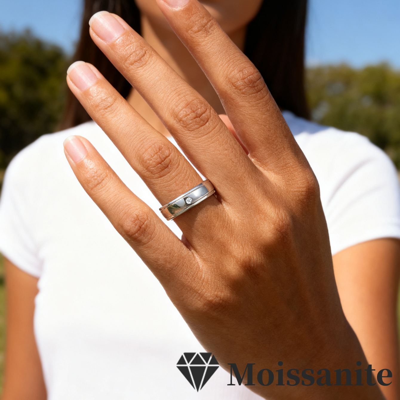Grooved Comfort-Fit Moissanite Band Ring | 925 Silver Flush-Set Unisex Wedding Band - Image 4