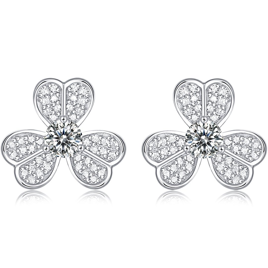 Three-Petal Clover Pavé Moissanite Stud Earrings | 4.0mm Round Center | 925 Silver