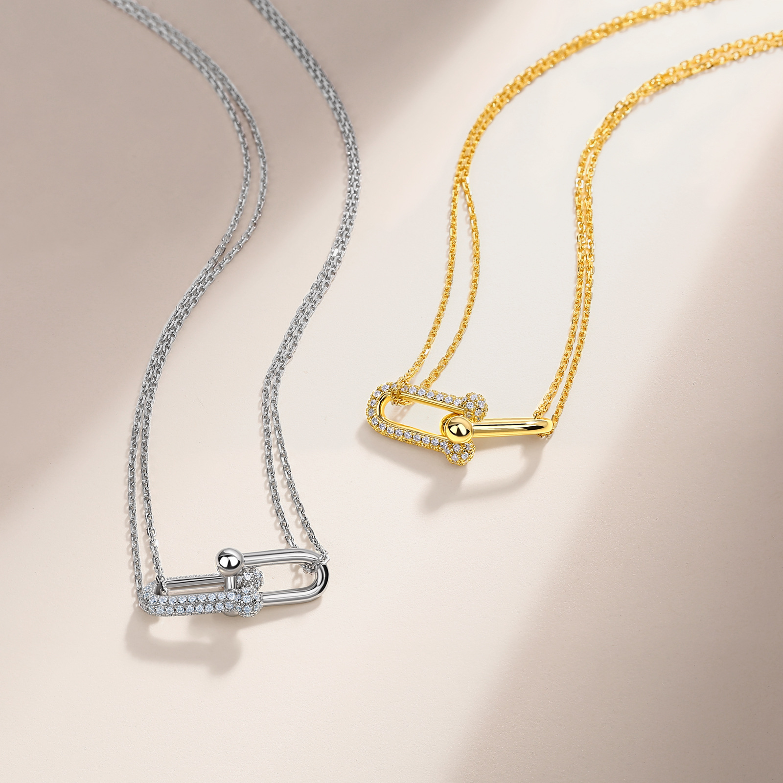 Moissanite Interlocking U-Link Necklace | Pavé Horseshoe Links, Double Chain - Image 3