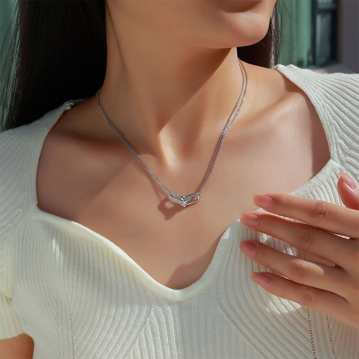 Moissanite Interlocking U-Link Necklace | Pavé Horseshoe Links, Double Chain - Image 5