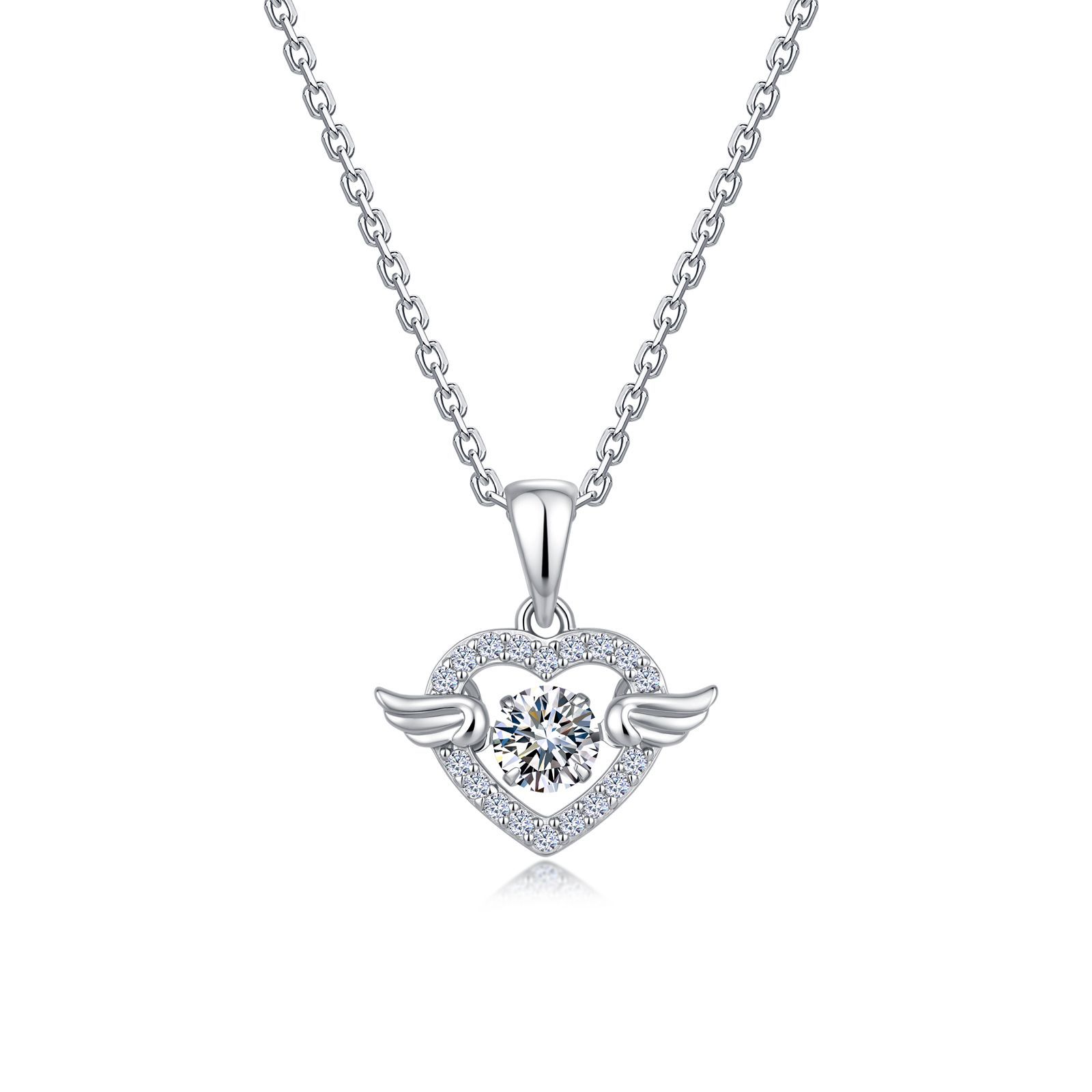 Moissanite Winged Heart Pendant Necklace | Dancing Stone | 925 Sterling Silver