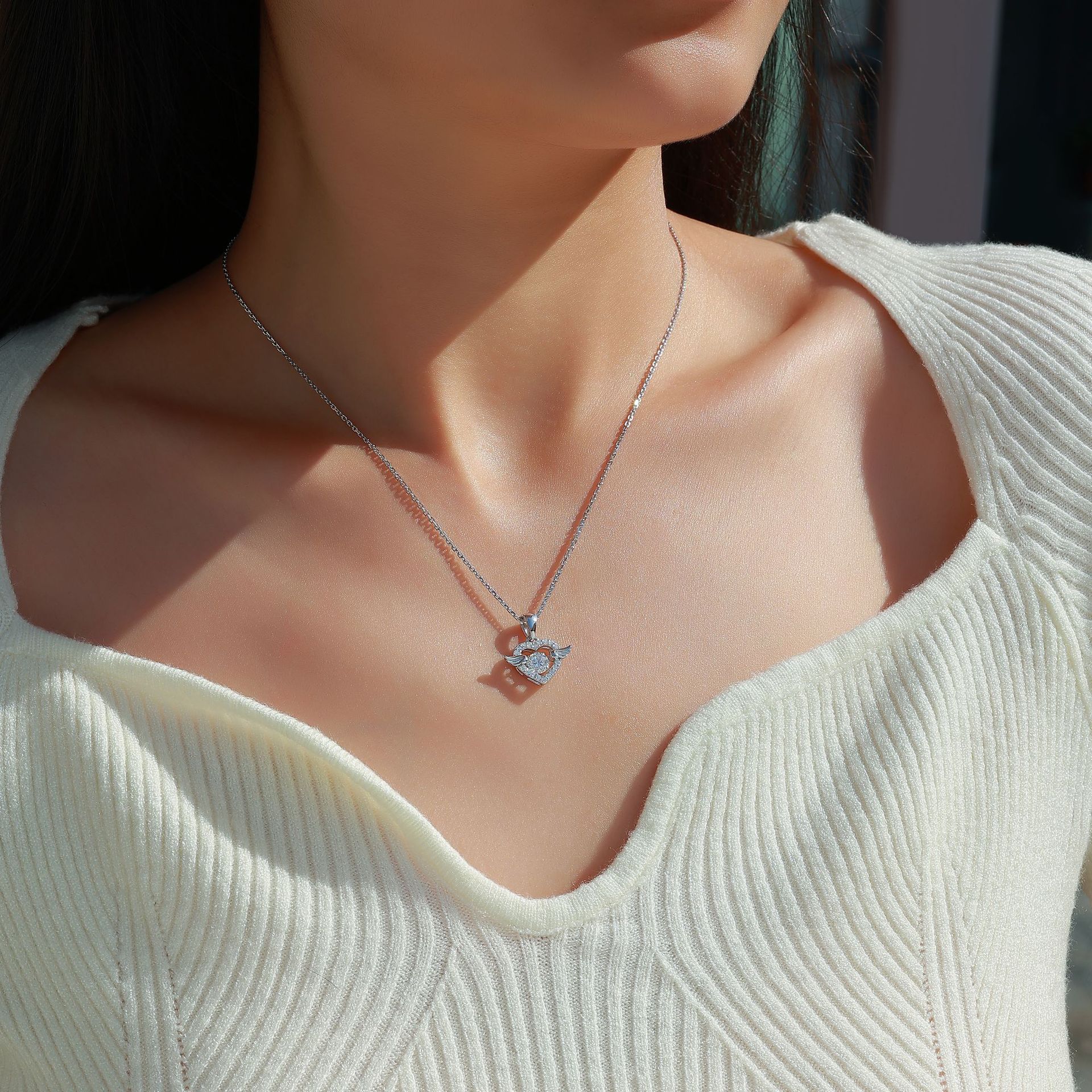 Moissanite Winged Heart Pendant Necklace | Dancing Stone | 925 Sterling Silver - Image 5