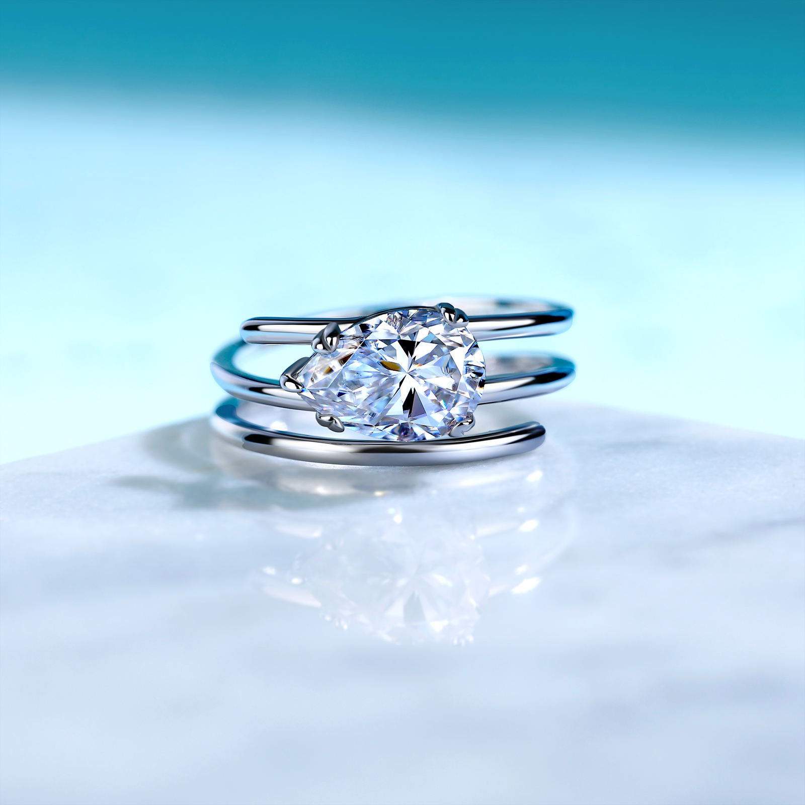 East-West Pear-Cut Moissanite Ring with Split Band in 18K Gold - Image 3