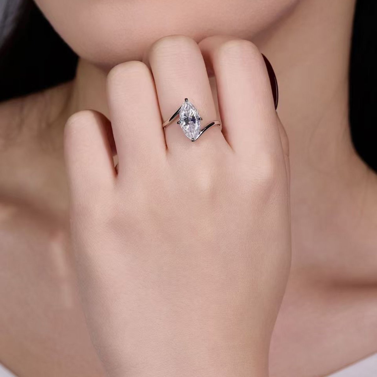 Marquise-Cut Moissanite Bypass Solitaire Ring - Image 5