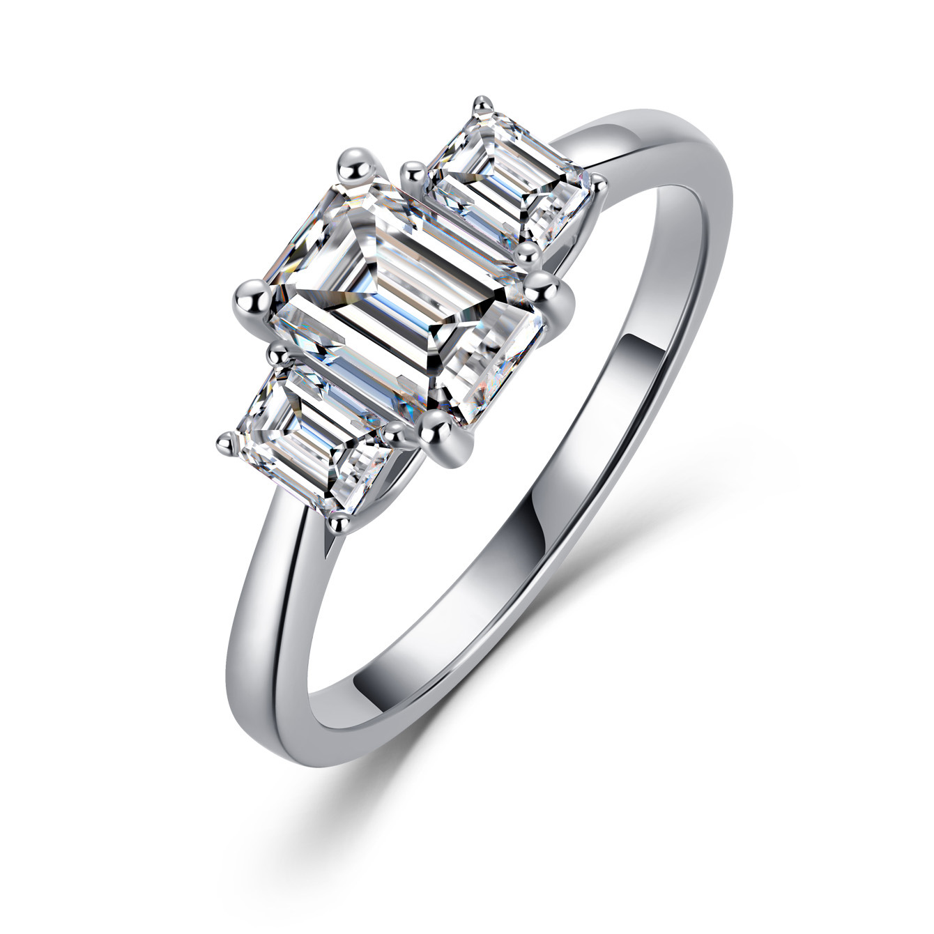 Emerald-Cut Moissanite Three-Stone Ring