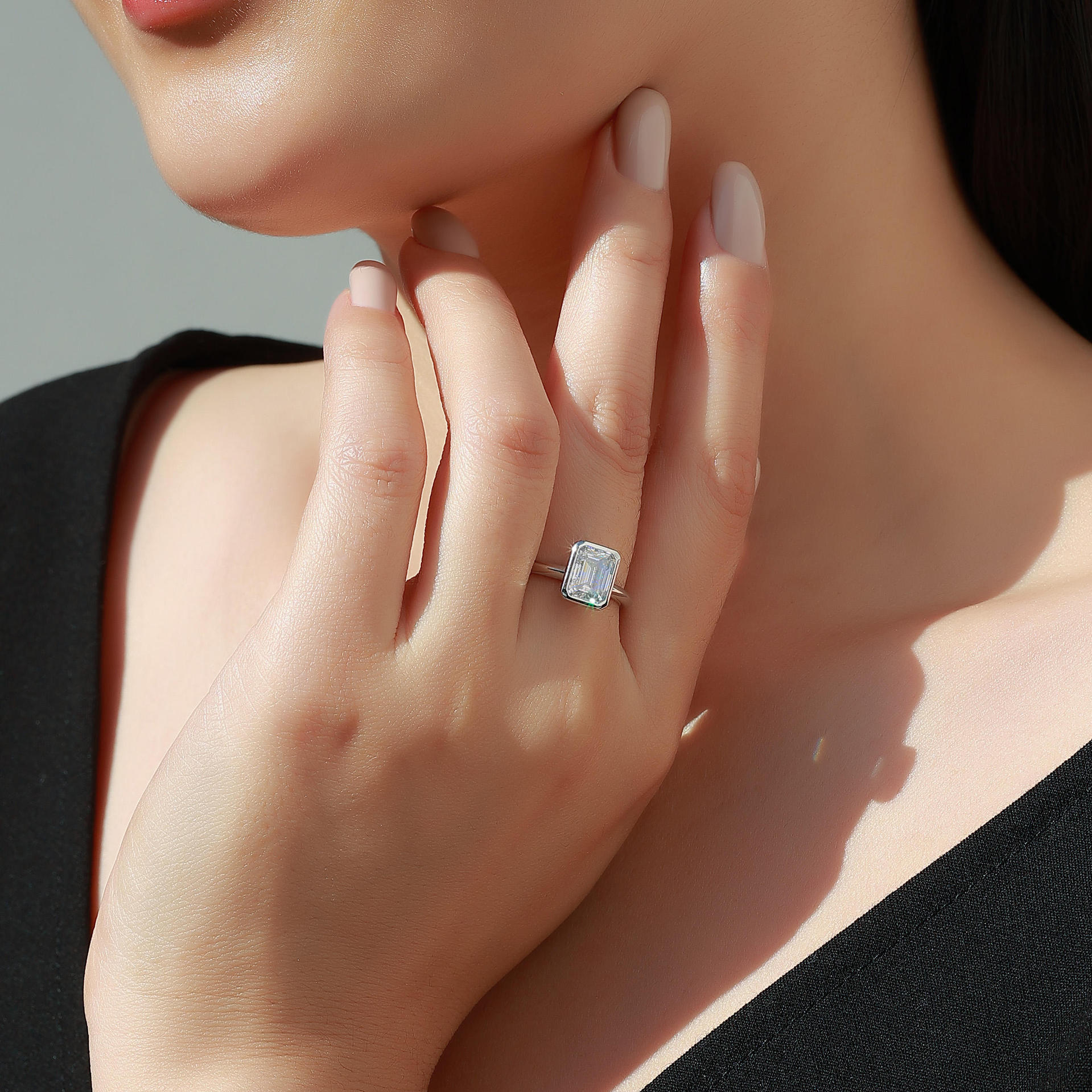 Emerald-Cut Bezel Solitaire Moissanite Ring - Image 6
