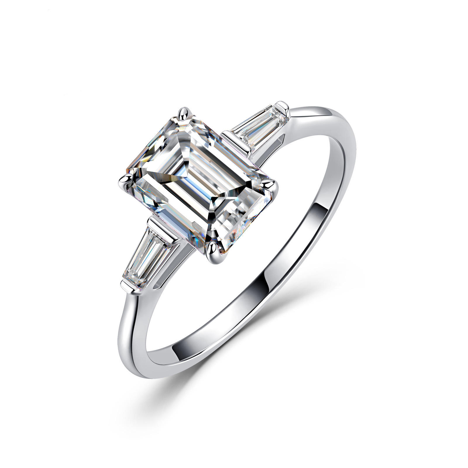 Emerald-Cut Three-Stone Moissanite Ring | Tapered Baguette Accents | 2.2ct DEW