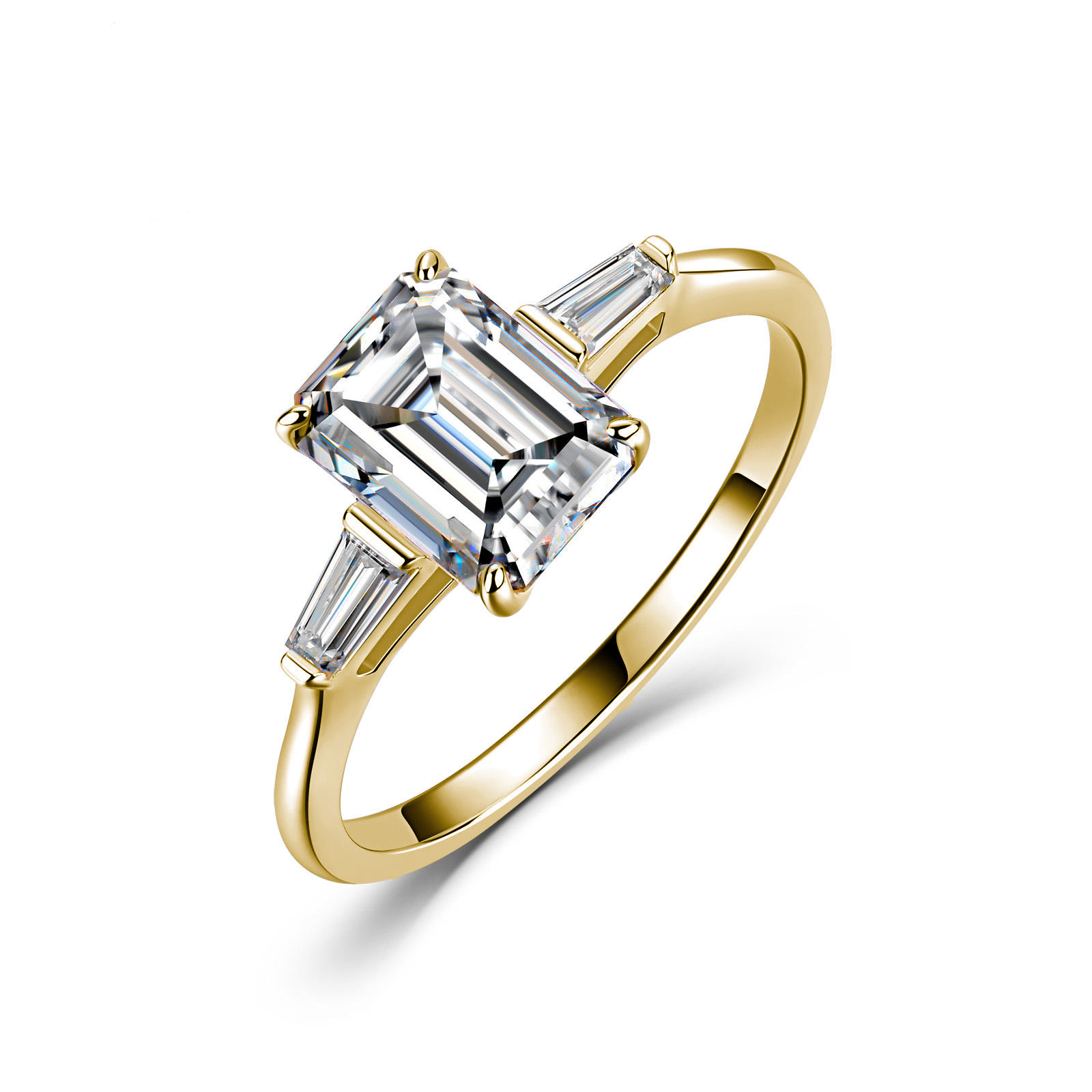 Emerald-Cut Three-Stone Moissanite Ring | Tapered Baguette Accents | 2.2ct DEW - alternate view