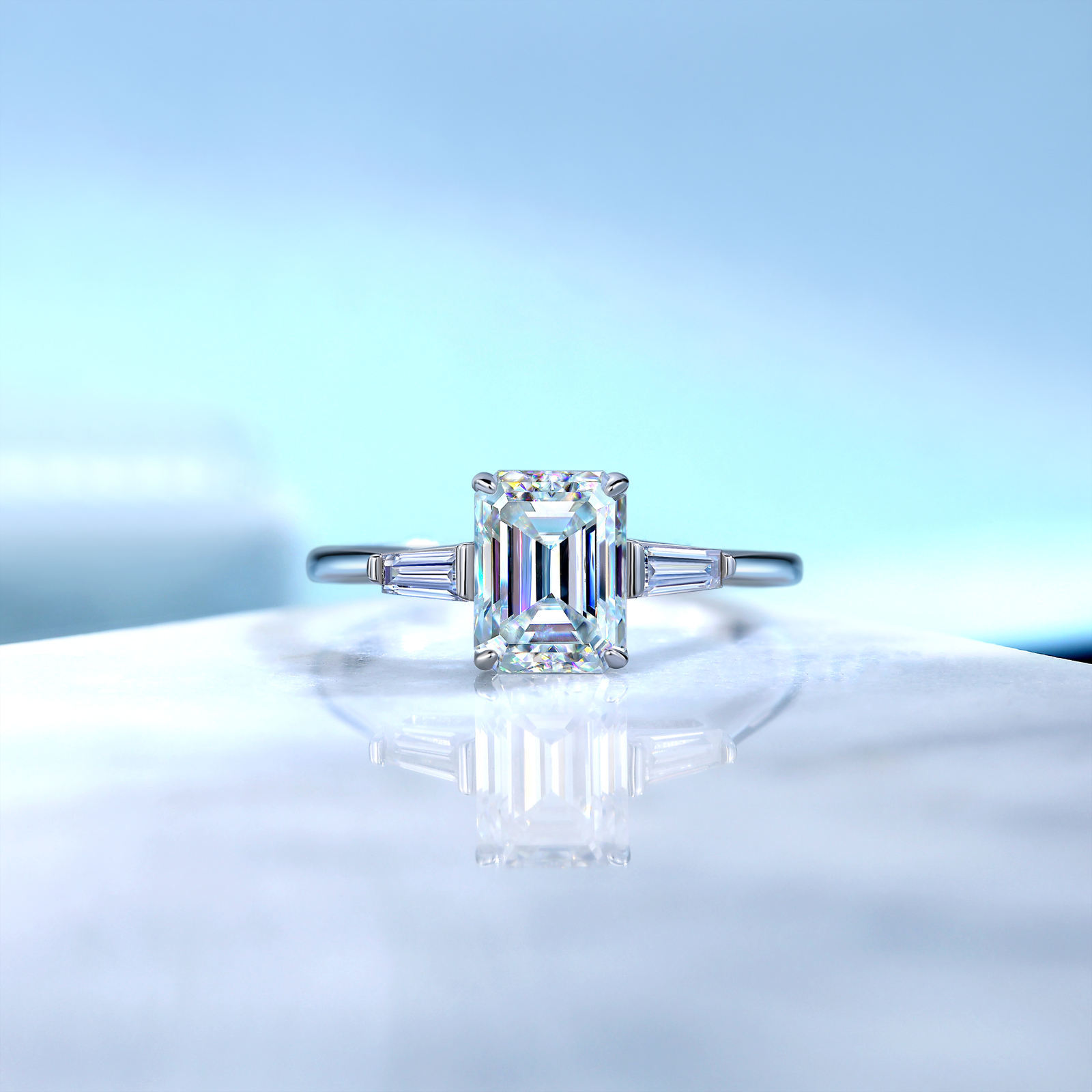 Emerald-Cut Three-Stone Moissanite Ring | Tapered Baguette Accents | 2.2ct DEW - Image 3