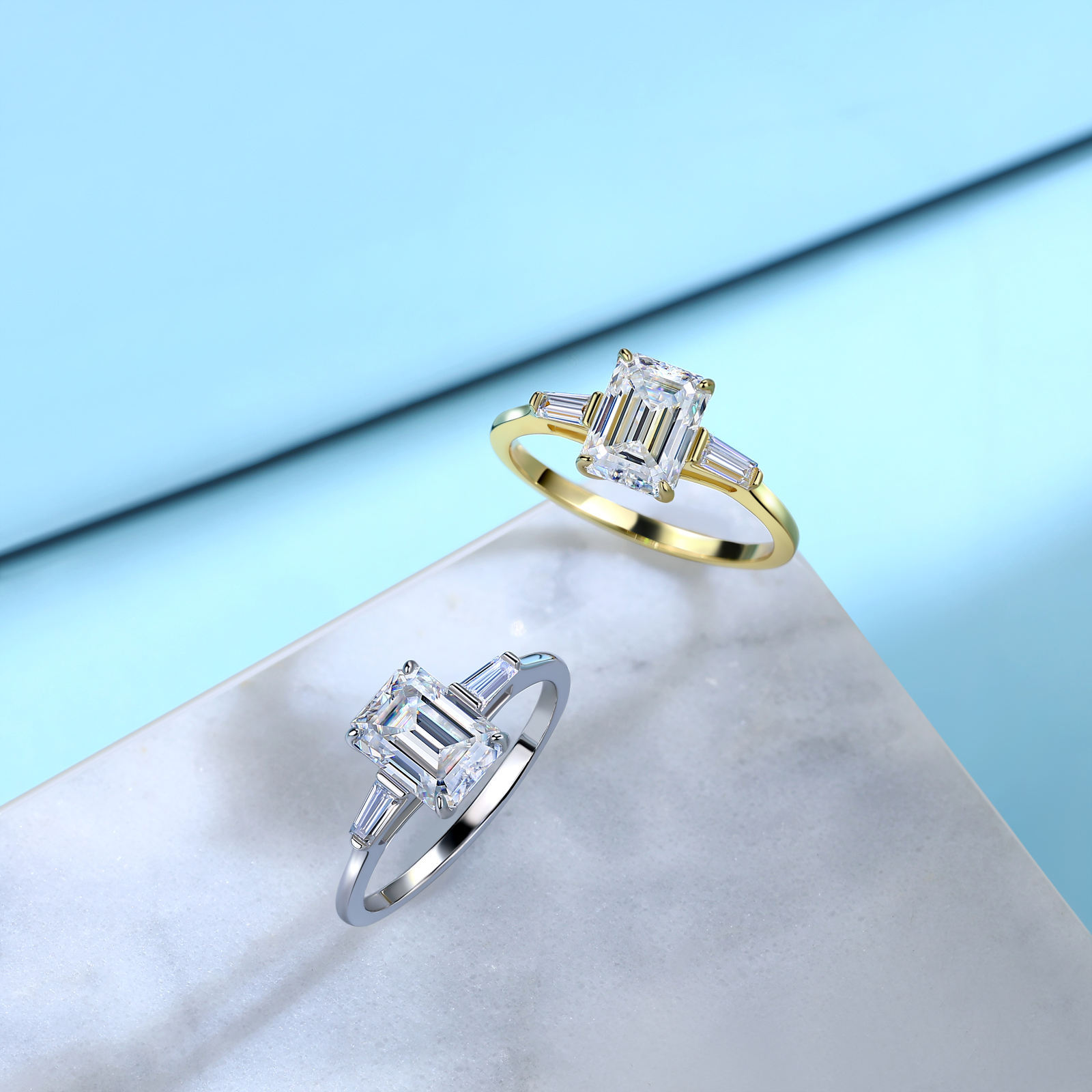Emerald-Cut Three-Stone Moissanite Ring | Tapered Baguette Accents | 2.2ct DEW - Image 4