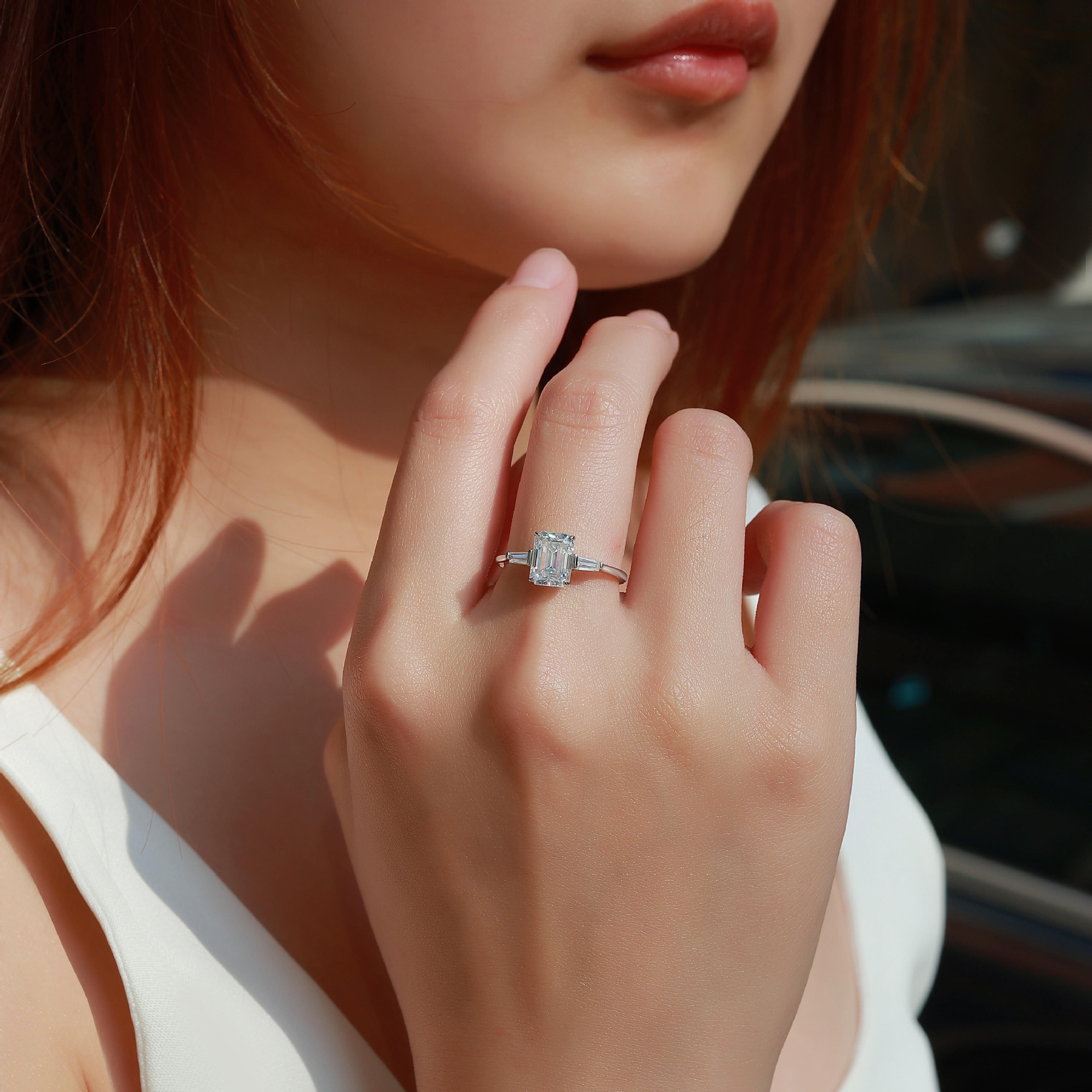 Emerald-Cut Three-Stone Moissanite Ring | Tapered Baguette Accents | 2.2ct DEW - Image 5