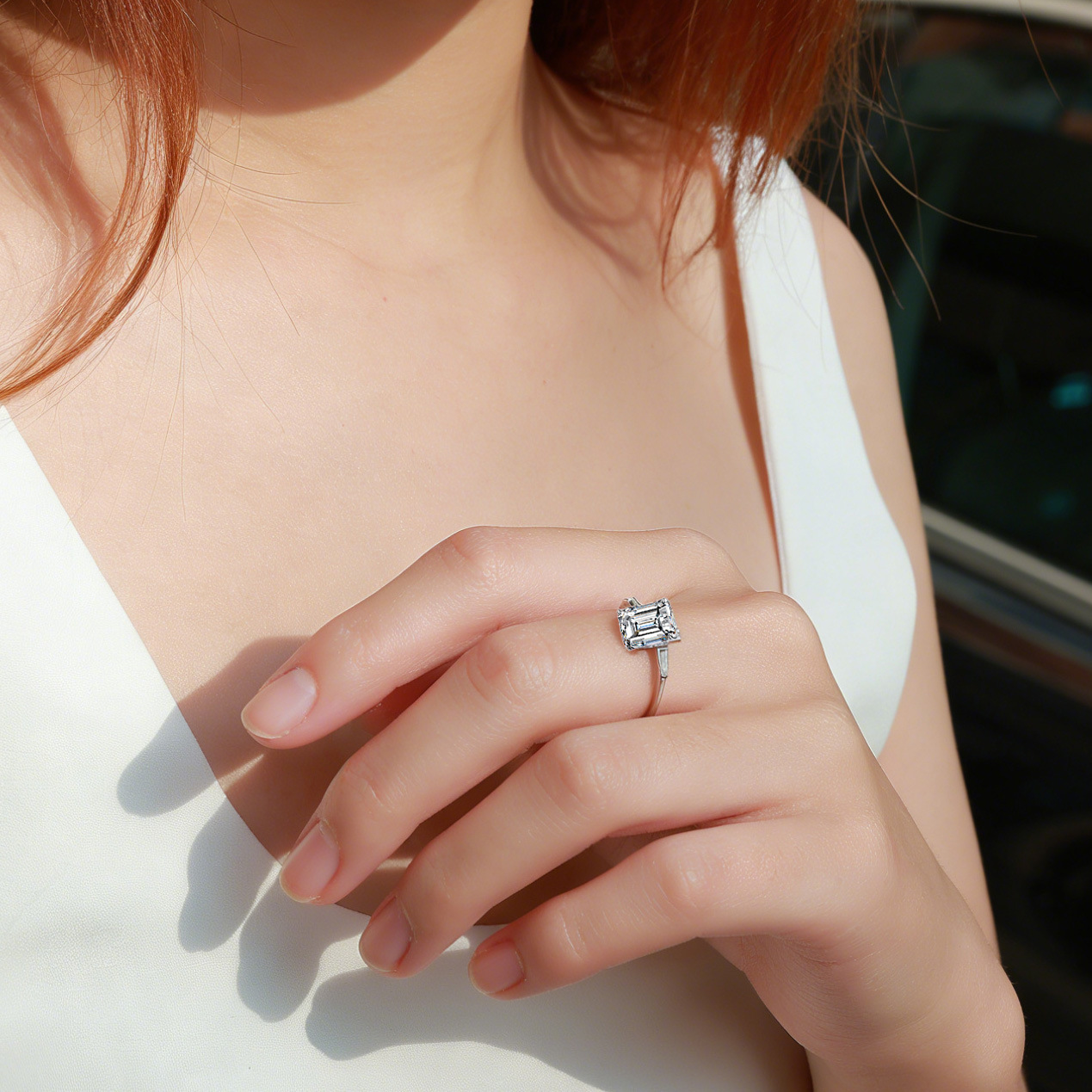 Emerald-Cut Three-Stone Moissanite Ring | Tapered Baguette Accents | 2.2ct DEW - Image 6