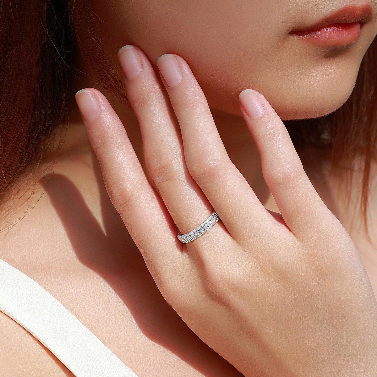 Pave Moissanite Eternity Band Ring with Milgrain Edge | Round Brilliant | 925 Sterling Silver - Image 5