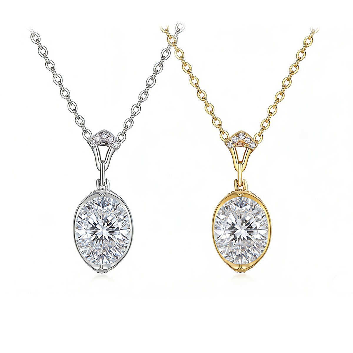 East-West Oval Moissanite Pendant Necklace | 3ct DEW Wireframe Bezel | 925 Silver