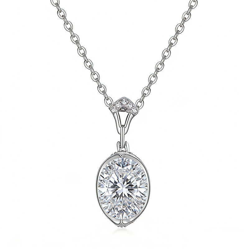 East-West Oval Moissanite Pendant Necklace | 3ct DEW Wireframe Bezel | 925 Silver - Image 2