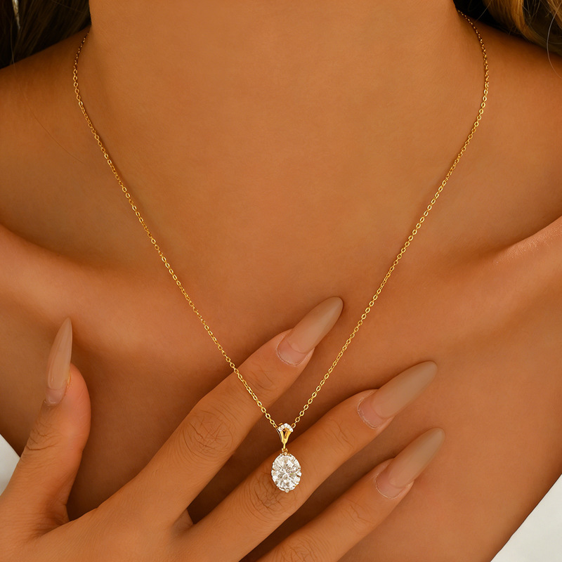 East-West Oval Moissanite Pendant Necklace | 3ct DEW Wireframe Bezel | 925 Silver - Image 5