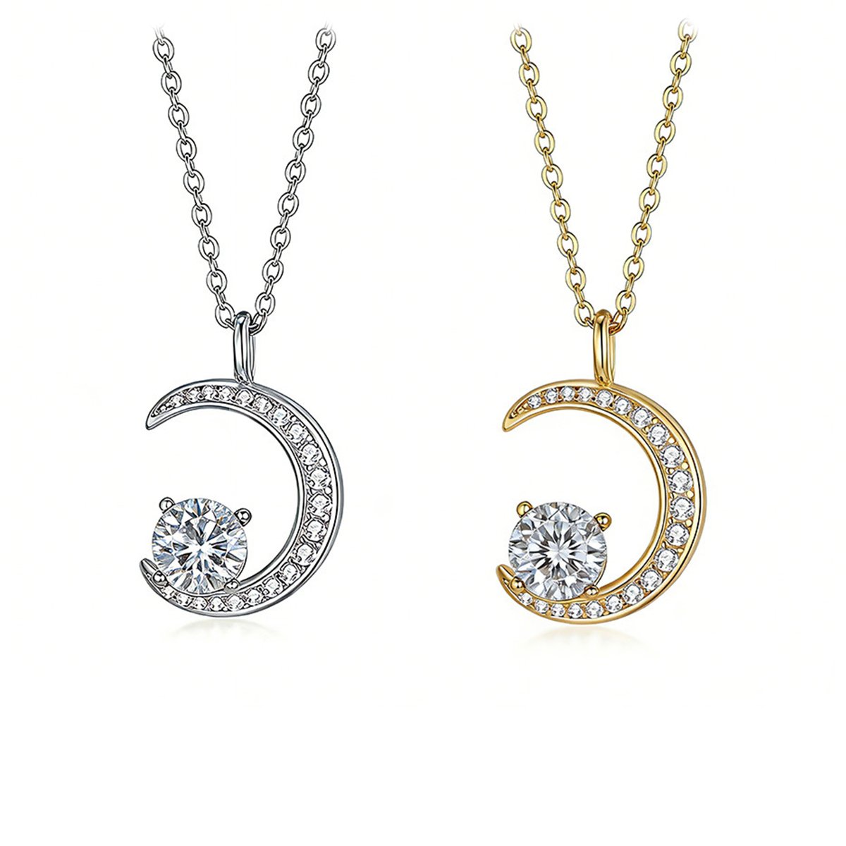 Crescent Moon Moissanite Pendant Necklace with Pave Accents