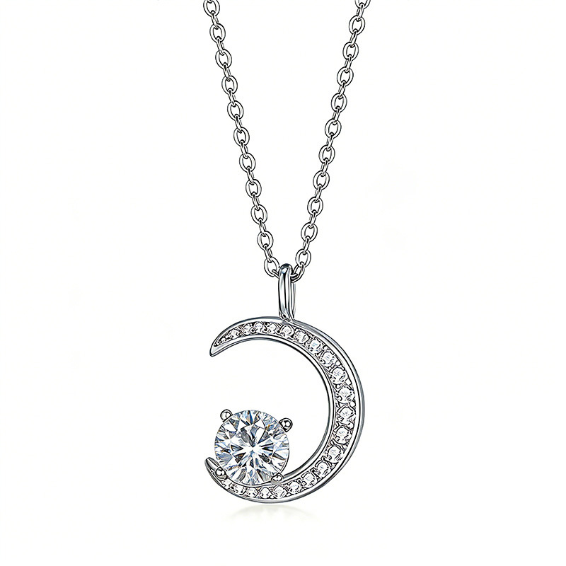 Crescent Moon Moissanite Pendant Necklace with Pave Accents - Image 2