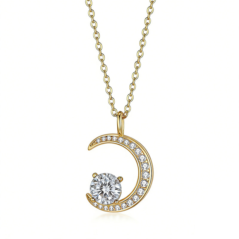 Crescent Moon Moissanite Pendant Necklace with Pave Accents - Image 3