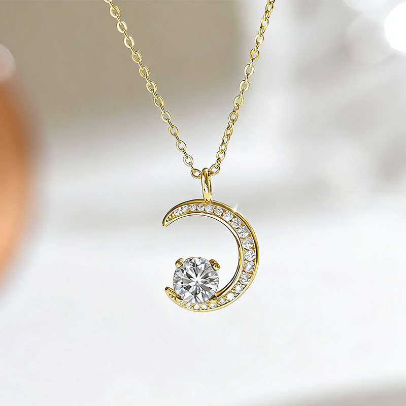 Crescent Moon Moissanite Pendant Necklace with Pave Accents - Image 5