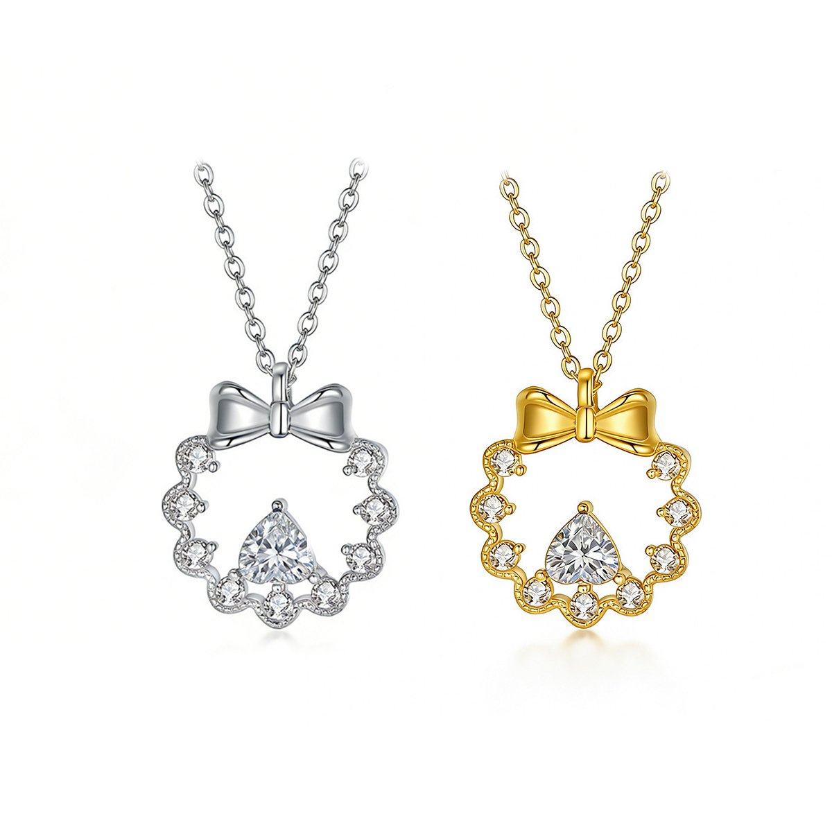 Moissanite Bow Wreath Pear Pendant Necklace | Ribbon & Pear-Cut Halo