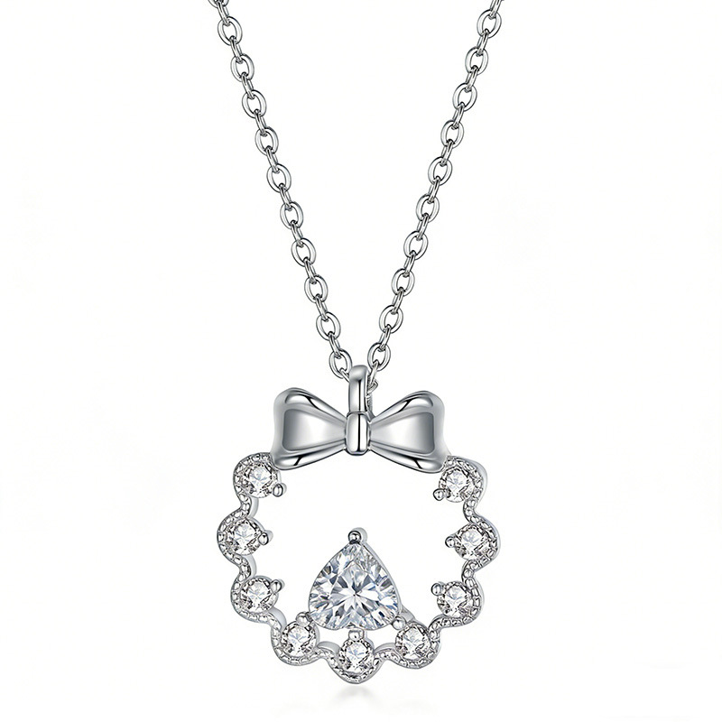 Moissanite Bow Wreath Pear Pendant Necklace | Ribbon & Pear-Cut Halo - Image 2