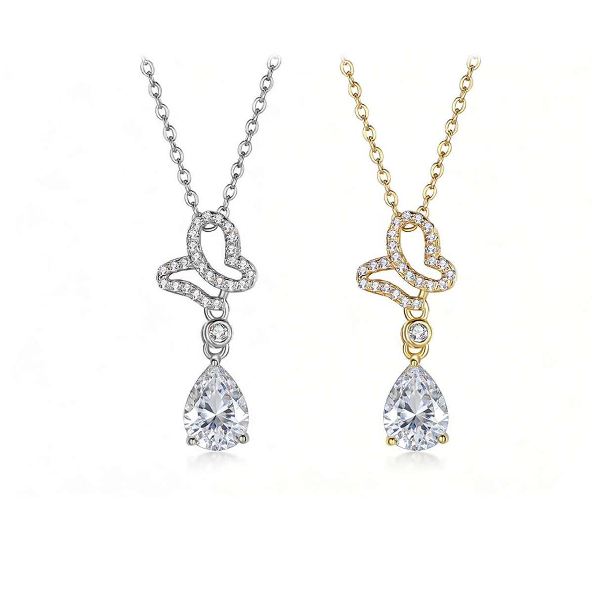 Moissanite Pear Drop Butterfly Necklace | Pavé Teardrop Pendant