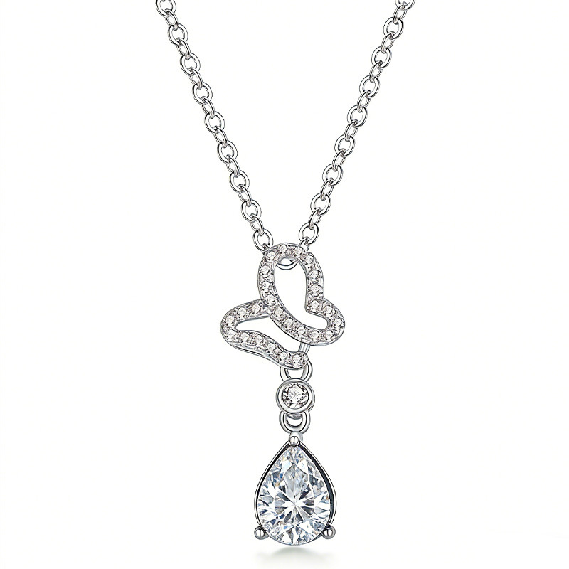 Moissanite Pear Drop Butterfly Necklace | Pavé Teardrop Pendant - Image 2