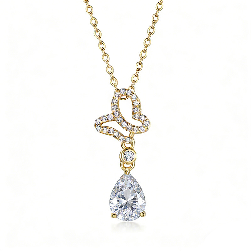Moissanite Pear Drop Butterfly Necklace | Pavé Teardrop Pendant - Image 3