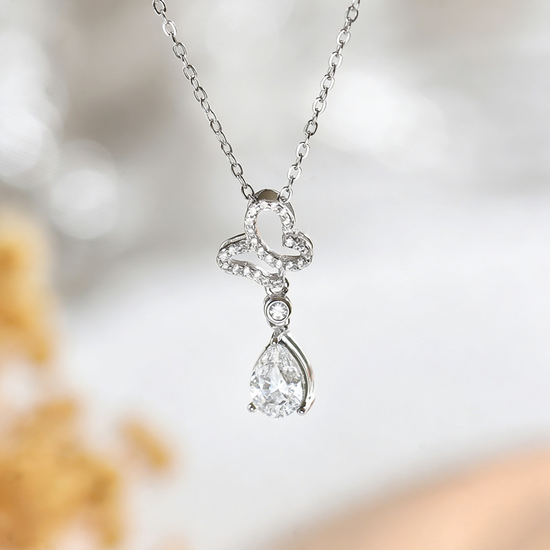 Moissanite Pear Drop Butterfly Necklace | Pavé Teardrop Pendant - Image 4