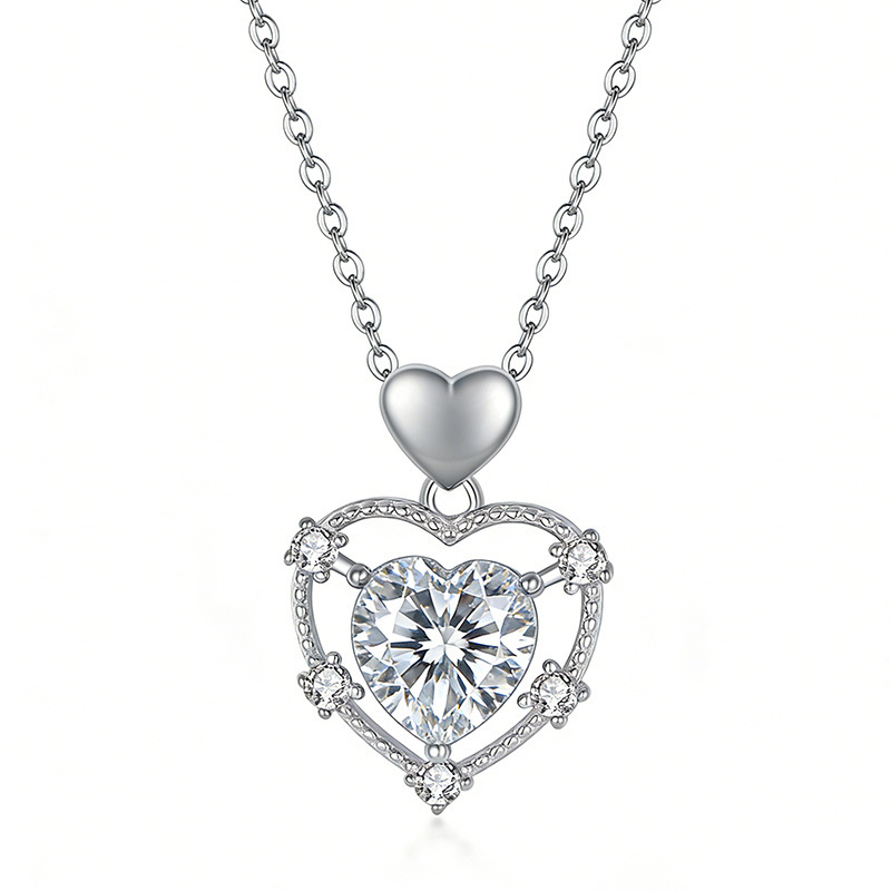 Heart-Cut Moissanite Open Heart Frame Pendant Necklace | 2.0ct DEW, 925 Silver - Image 2