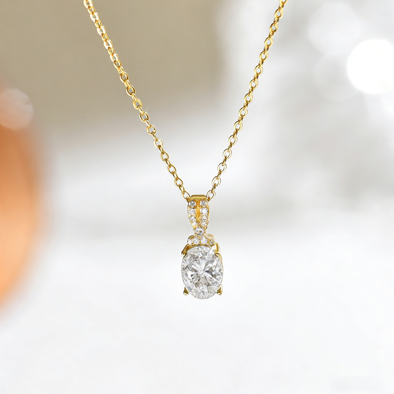 Moissanite Oval Solitaire Pendant Necklace 1.5ct DEW (8x6mm) | Pavé Bail - Image 5