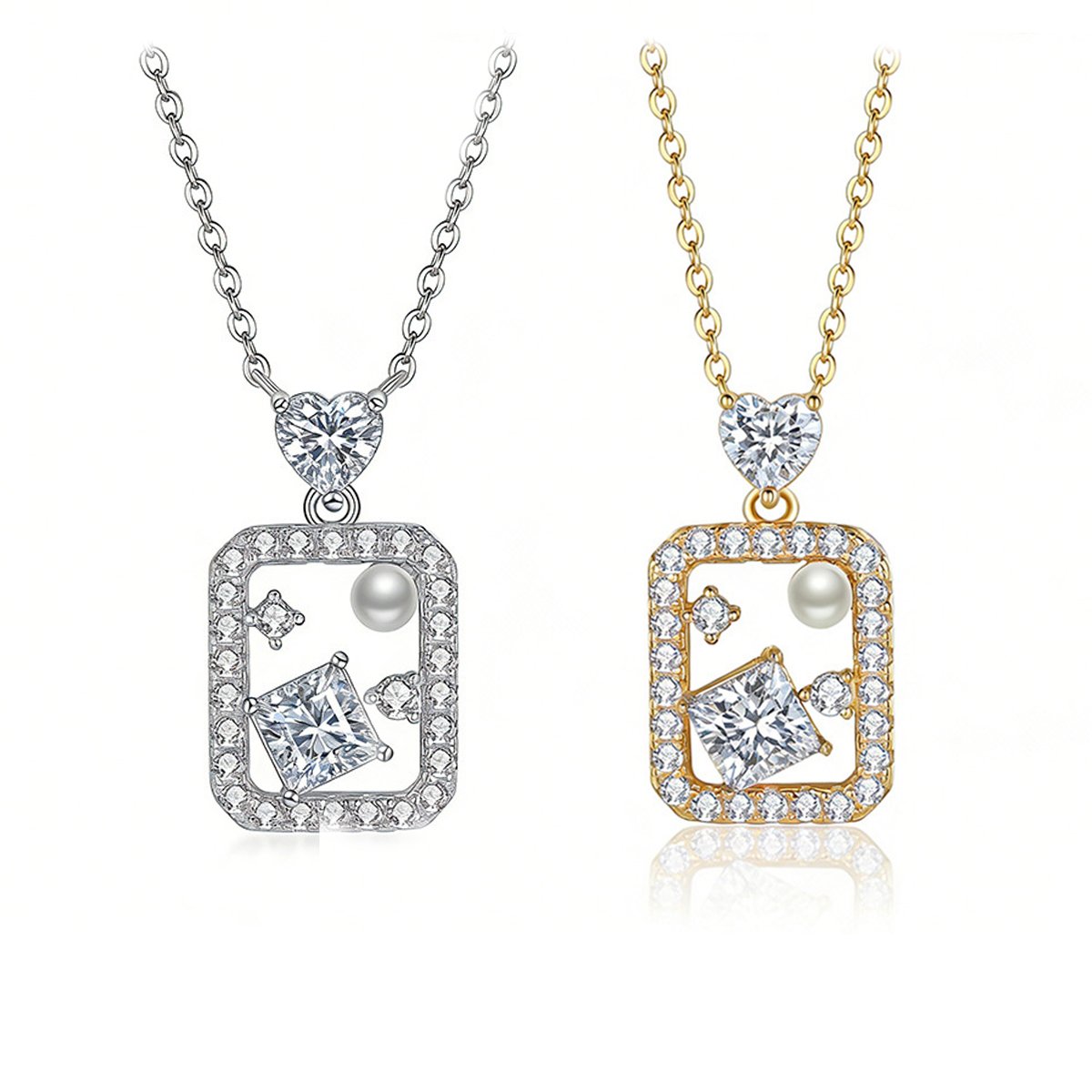 Pearl & Princess-Cut Moissanite Frame Necklace | White or Yellow Gold