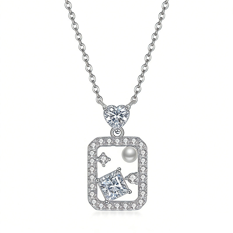 Pearl & Princess-Cut Moissanite Frame Necklace | White or Yellow Gold - Image 2