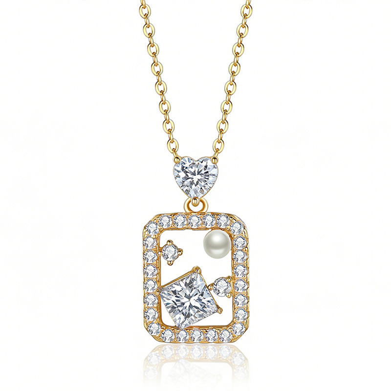 Pearl & Princess-Cut Moissanite Frame Necklace | White or Yellow Gold - Image 3