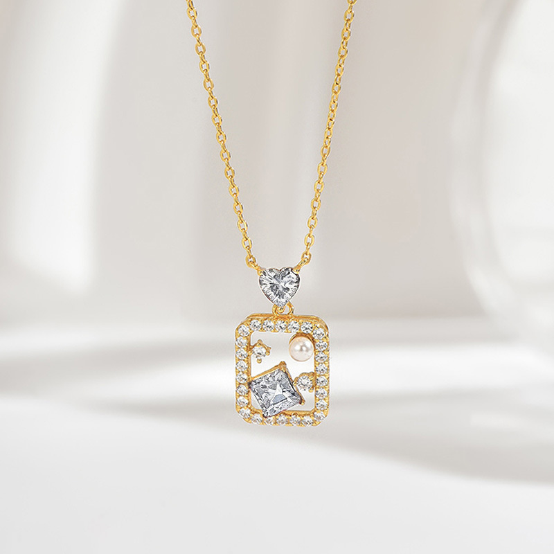 Pearl & Princess-Cut Moissanite Frame Necklace | White or Yellow Gold - Image 4