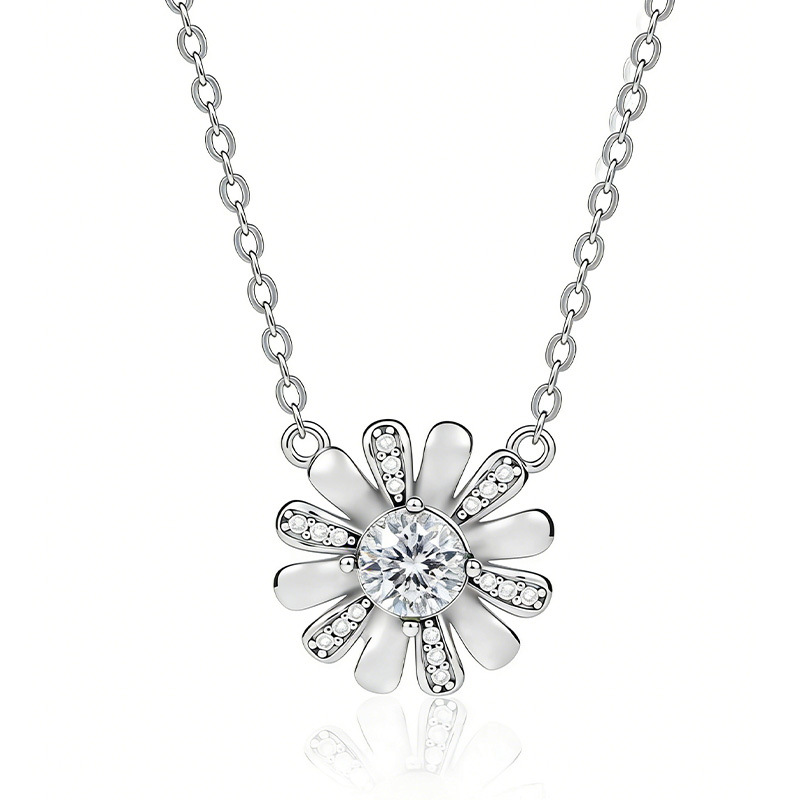 Daisy Flower Moissanite Pave Pendant Necklace in Sterling Silver - Image 2