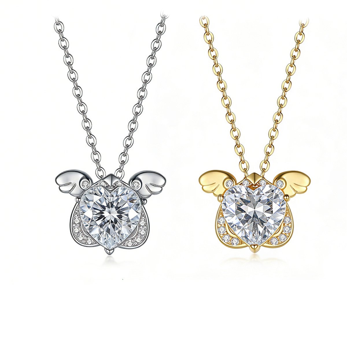 Moissanite Heart Angel-Wings Pendant Necklace | 2ct DEW, 925 Silver