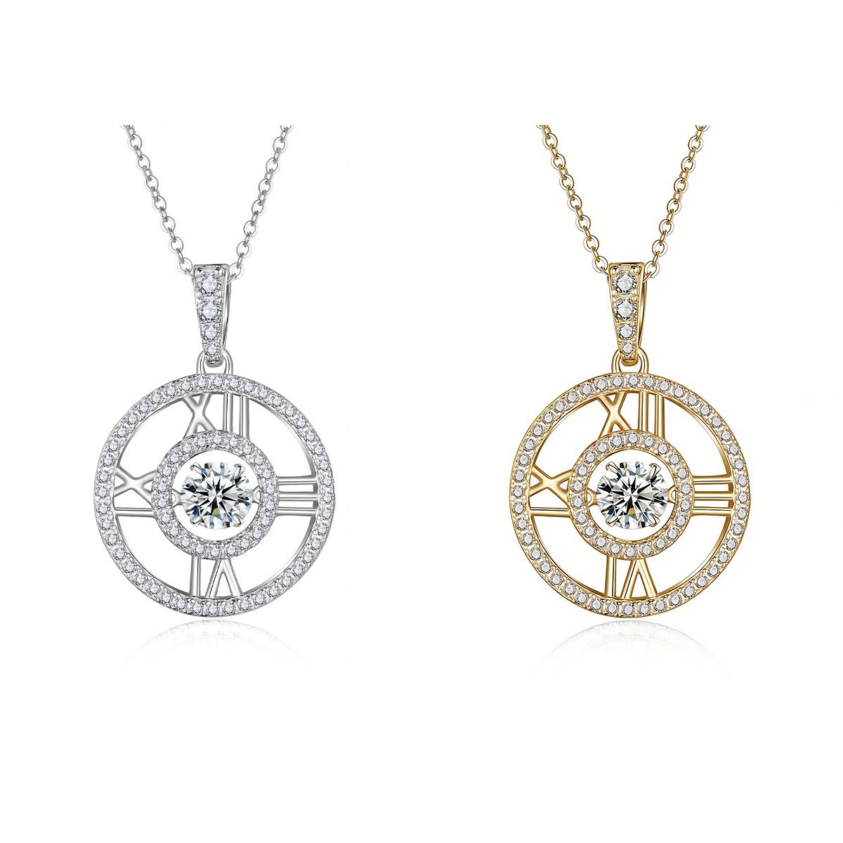 Roman Numeral Clock Moissanite Pendant Necklace | Dancing 1ct Round | 925 Silver