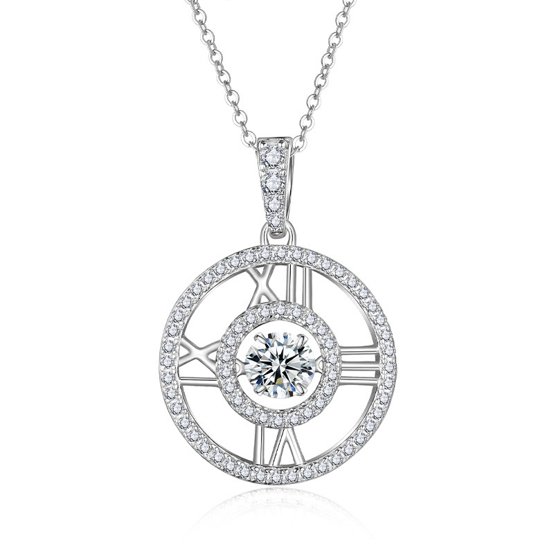 Roman Numeral Clock Moissanite Pendant Necklace | Dancing 1ct Round | 925 Silver - Image 2