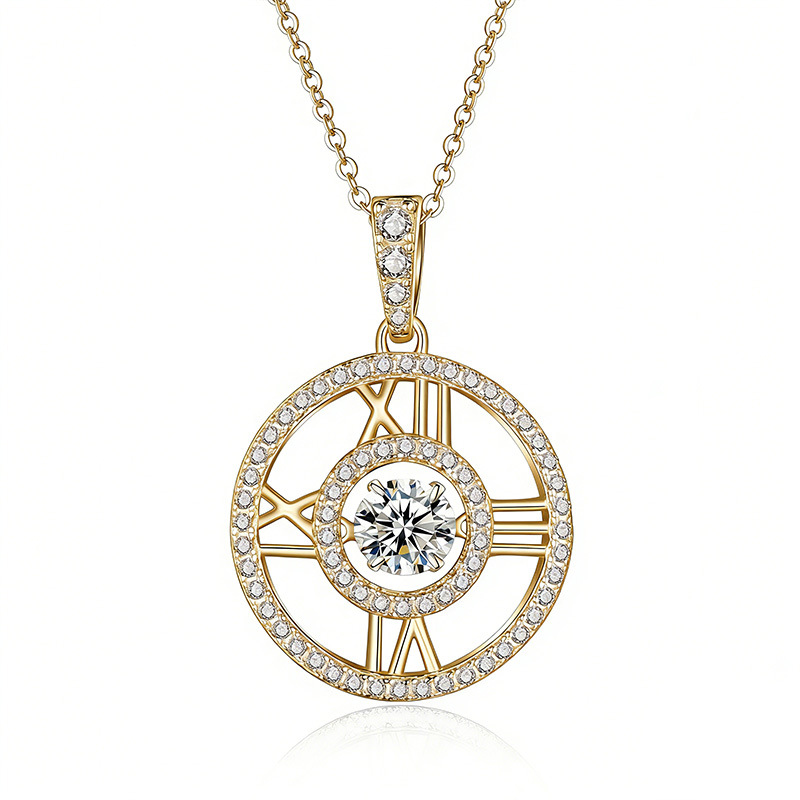 Roman Numeral Clock Moissanite Pendant Necklace | Dancing 1ct Round | 925 Silver - Image 3