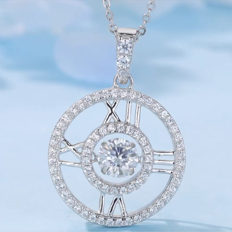 Roman Numeral Clock Moissanite Pendant Necklace | Dancing 1ct Round | 925 Silver - Image 4