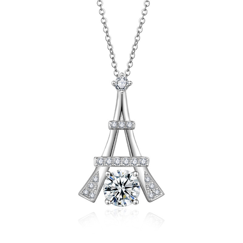 Tower Silhouette Moissanite Pave Pendant Necklace | Round Brilliant Center - Image 2