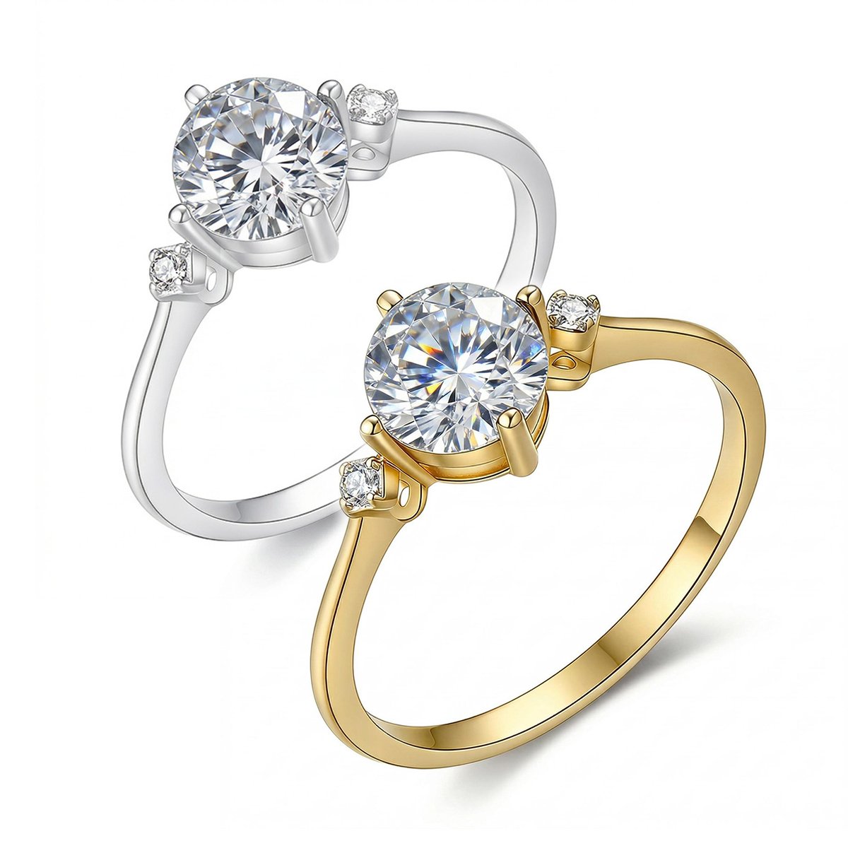 Round Moissanite Three-Stone Ring, 0.8ct DEW in 925 Silver