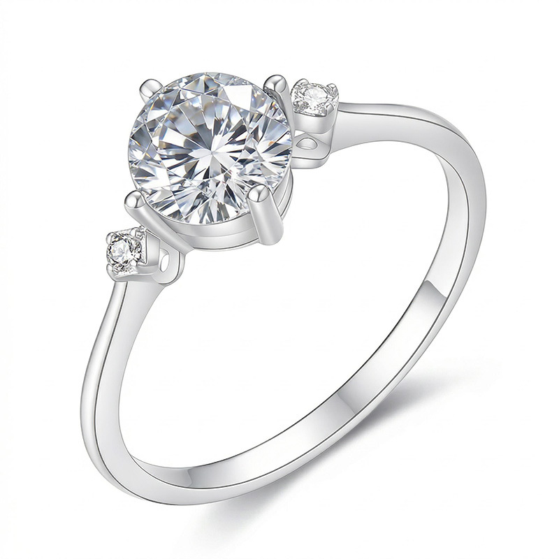 Round Moissanite Three-Stone Ring, 0.8ct DEW in 925 Silver - alternate view
