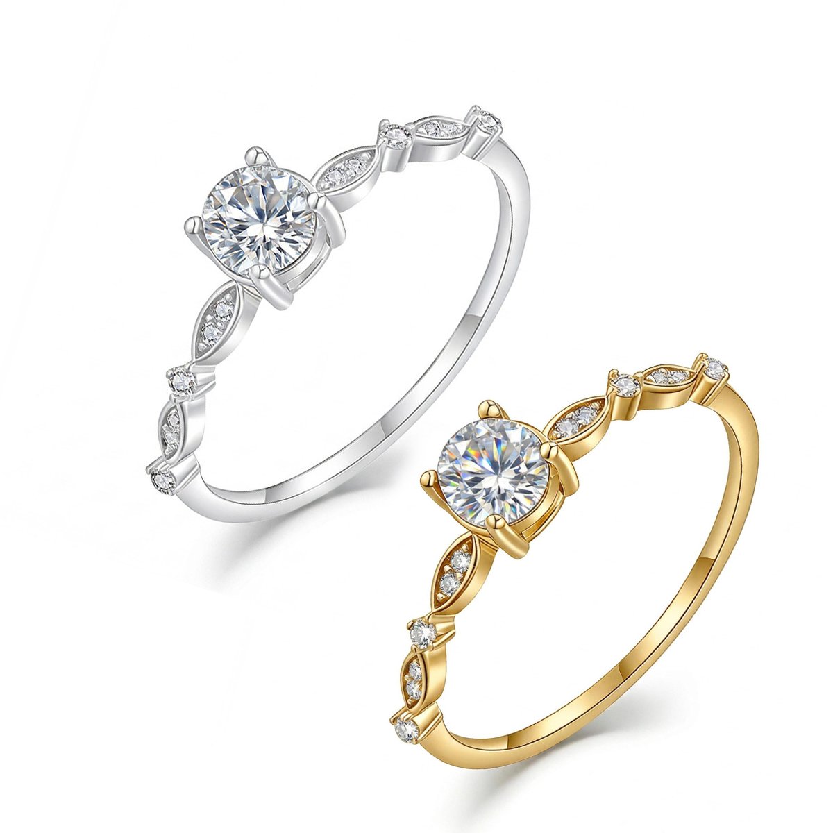 Round Moissanite Vintage Milgrain Ring | Dainty Marquise-Station Band