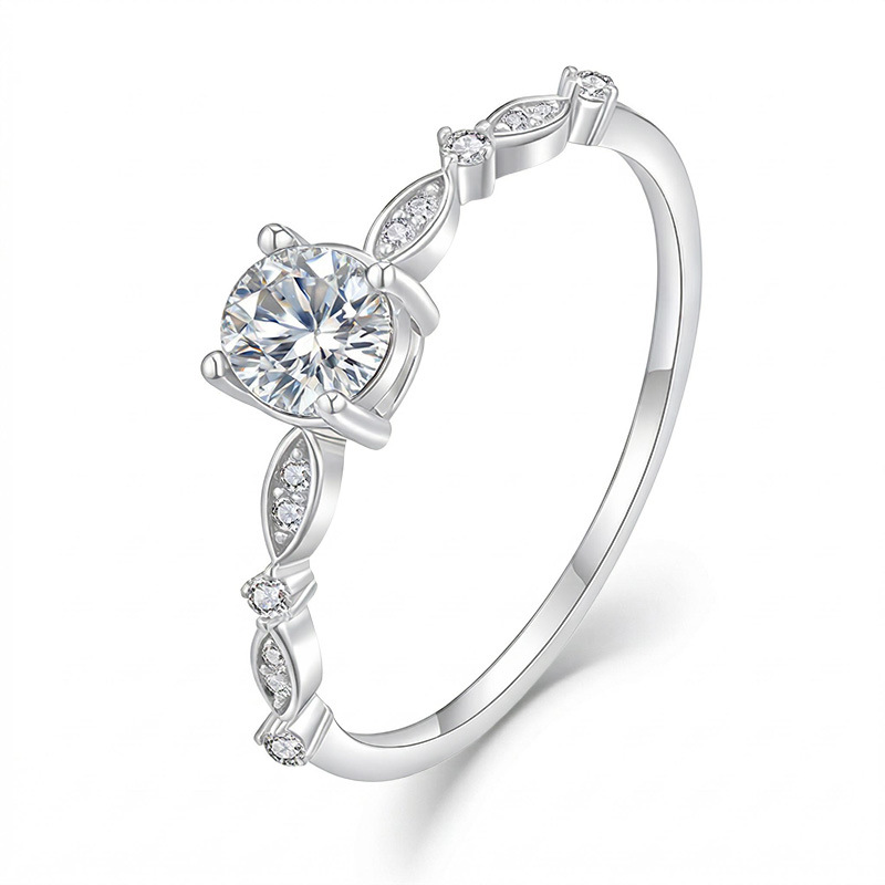 Round Moissanite Vintage Milgrain Ring | Dainty Marquise-Station Band - Image 2